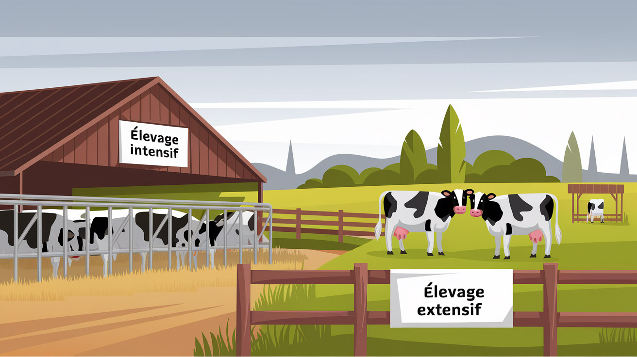Dessin d 'une femre avec des vaches en élevage intensif vs élévage extensif